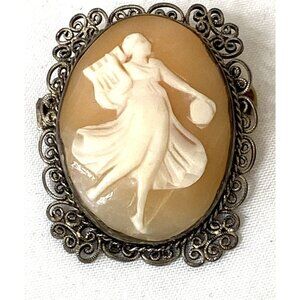 Antique Carved Shell Cameo Brooch Pendant Oval Brass Lady w/ Lyre Unmarked Scrol